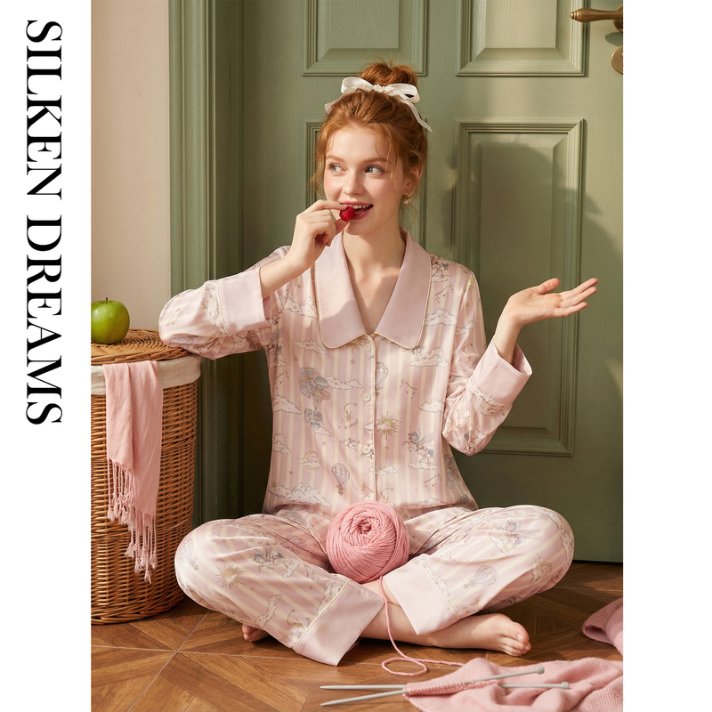 Dream Traveler |   Cloud Flying Elephant】Spring and Autumn Women's Ice Silk Cool Long-Sleeve Summer Pajamas Homewear Set