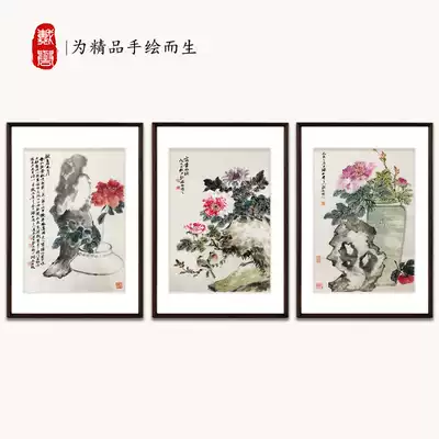 Peng Shuchao hand-painted Chinese painting, flower and bird painting, ink painting, flower blooming, rich peony triptych, living room hanging painting, decorative painting
