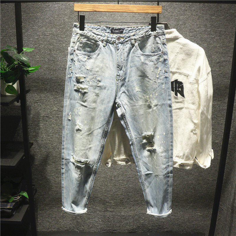 European Station Sashimi jeans Men's personality Grinding Holes Beggar Pants Blue Water Wash Advanced Sensation 90% Little Pants-Taobao