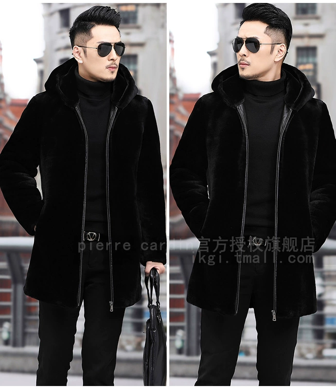 Pierre Cardin lông thú sinh thái ban đầu một nam giới có mũ trùm đầu dài giữa lông cừu xén lông cừu của nam giới Áo khoác da nam - Quần áo lông thú