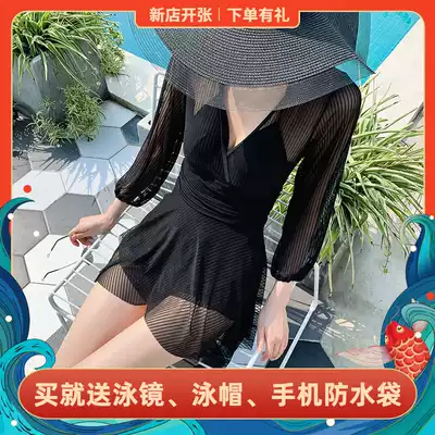 Swimsuit Women's small breasts gather to cover the belly slim long sleeve sunscreen one-piece skirt style conservative Korean hot spring swimsuit