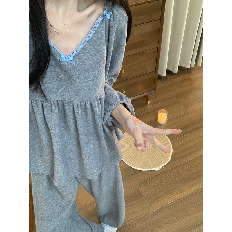 Bowknot Terry Cloth Autumn and Winter Pajamas for Women 2026 New Long-Sleeved Thickened Loungewear Set That Can Be Worn Outside