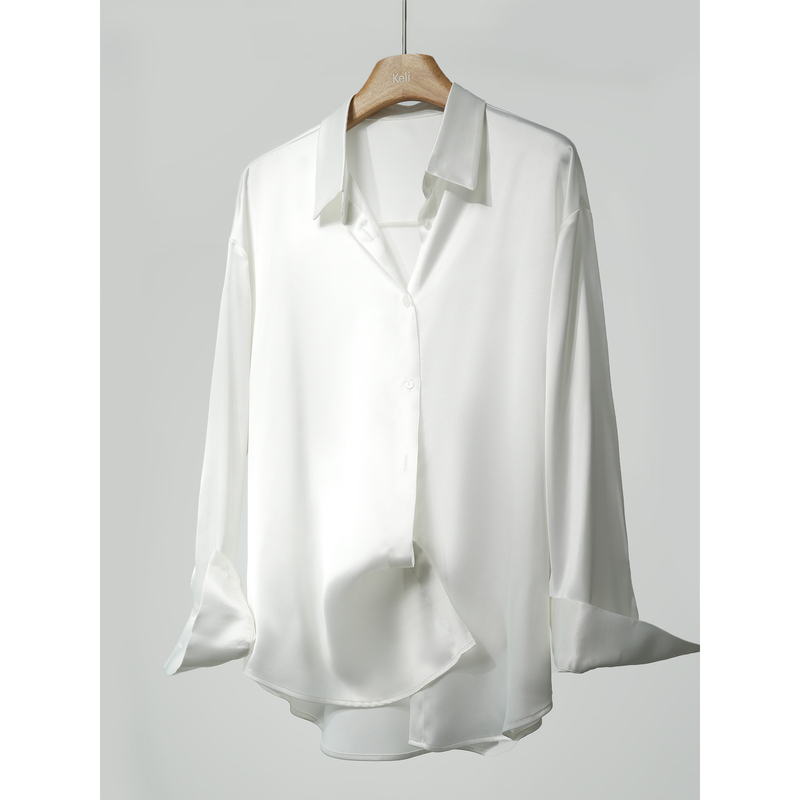 Loose Fit Pearlescent White Faux Acetate Soft Satin Long-Sleeve Versatile Solid Color Casual Neutral Simple Shirt for Women