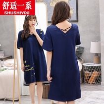 Pure Cotton Sleeping Skirt Woman Summer Short Sleeves 200 Jin Han Version Slim big code Summer pyjamas can be worn outside the womans home clothes