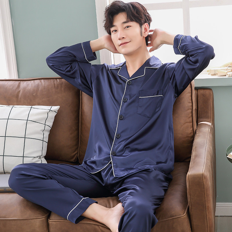 Pajamas men's summer ice silk thin long sleeve men's plus size summer dad spring and autumn simulation silk suit