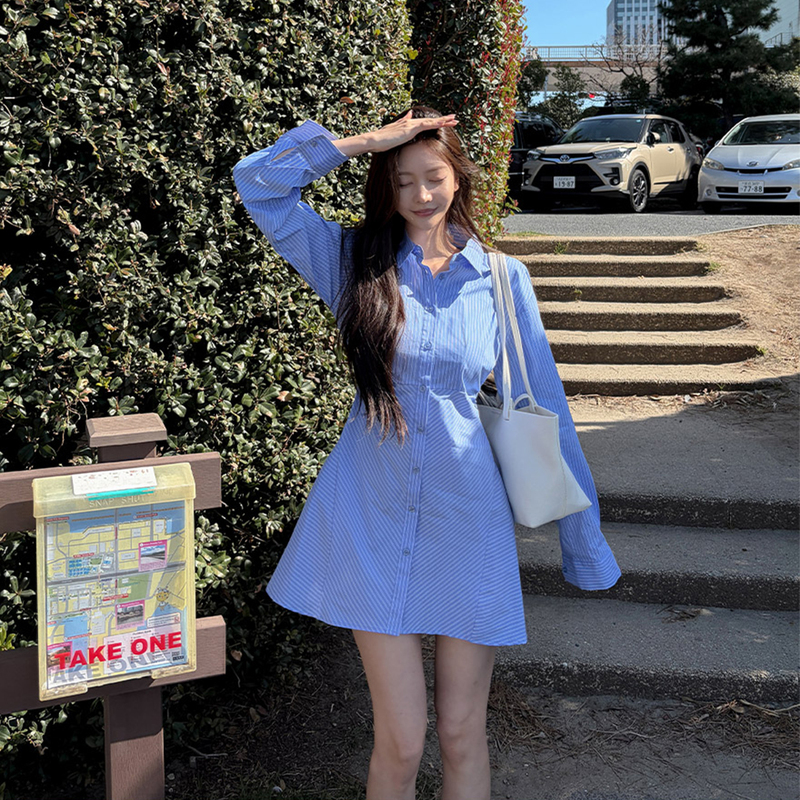 Blue Striped Shirt Dress for Women, Long-Sleeved, with a Turn-Down Collar, Waist-Cinching, Slimming Dress, Especially Beautiful at the Beach, Waist-Hugging Mini Dress Blue Striped Shirt Dress for Women, Long-Sleeved, with a Turn-Down Collar, Waist-Cinching, Slimming Dress, Especially Beautiful at the Beach, Waist-Hugging Mini Dress
