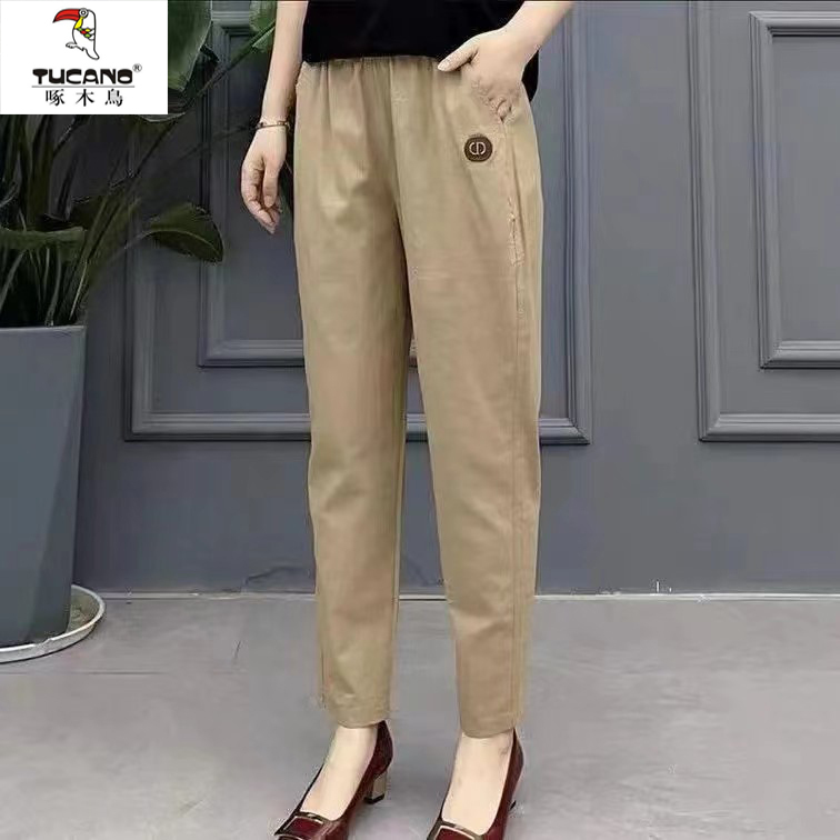 Woodpecker Spring, Autumn, and Summer Style Mom's Pure Cotton High-Waisted Loose Elastic Washed Fabric Casual Anti-Wrinkle Women's Long Pants for Middle-Aged and Elderly