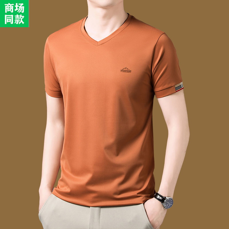 Authentic Italian Mulberry Silk Short-Sleeve T-Shirt for Men, V-Neck, 2025 New Summer Versatile Sweetheart Neckline Top