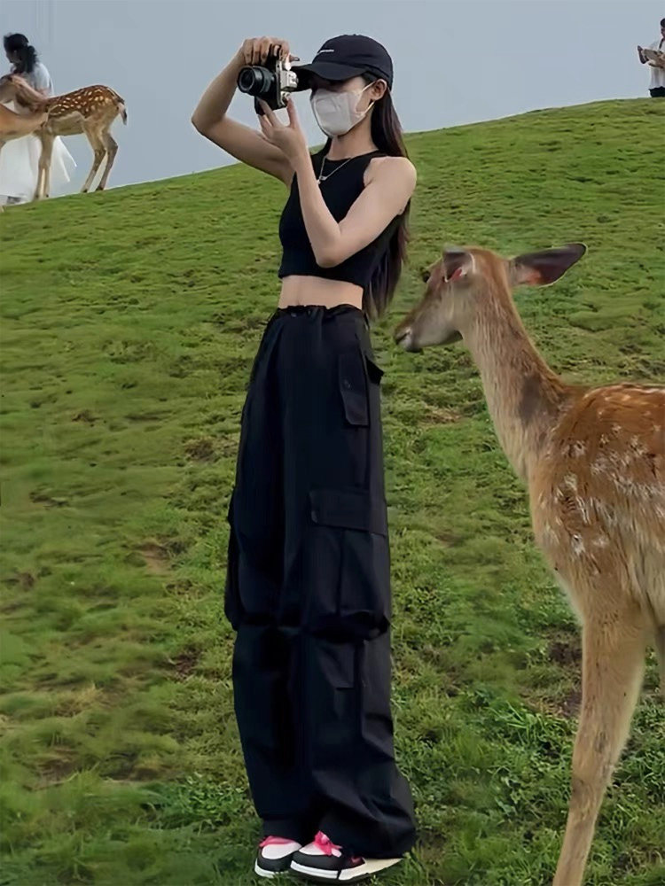 黑色工装裤女2025夏季新款高腰宽松阔腿小个子户外登山速干运动裤