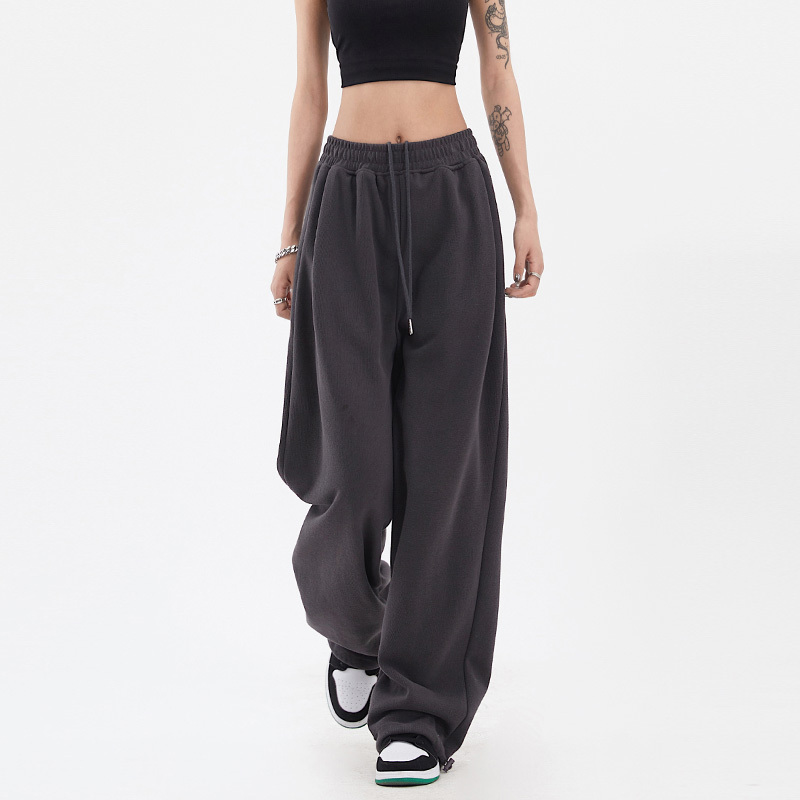 Gray Sweatpants for Women, Spring and Autumn 2026 New Style, Loose Drawstring Wide-Leg Pants, Straight-Leg Slimming American Casual Sweatpants