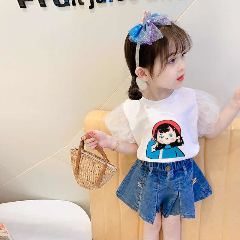 (T-shirt culottes)Girls summer suit 2021 new net red female baby Western style short-sleeved denim skirt two-piece set