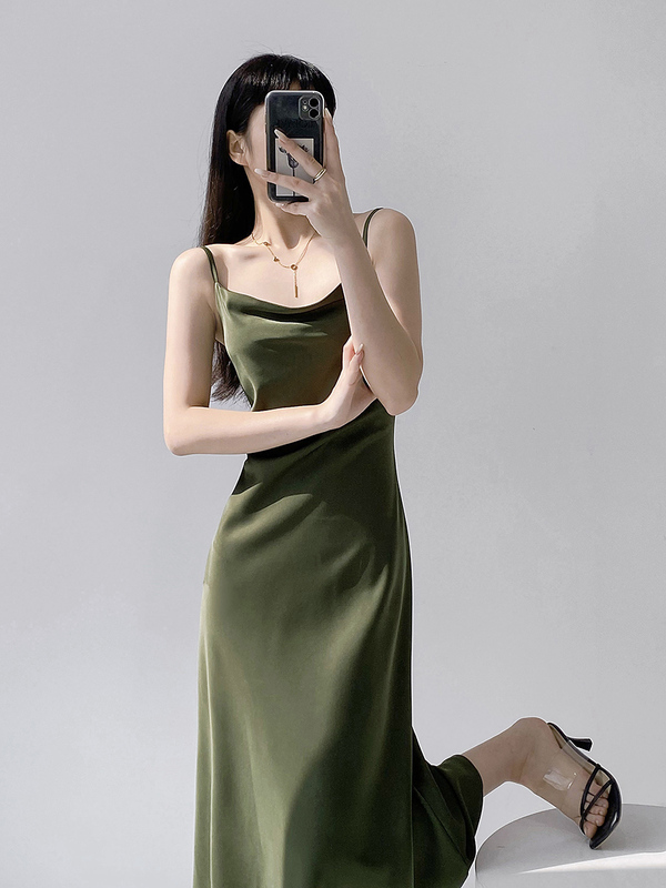 Elegant Satin Dress with a Draped Neckline, Sophisticated and Unique, Sexy Spaghetti Strap Dress, Long Dress to Wear under a Suit