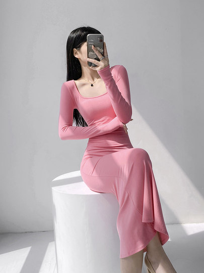 Hot Girl Square Neck Sexy Long Sleeve Dress Women's Spring and Autumn Waist Bottoming Long Skirt Slim Fit Fishtail Hip Skirt