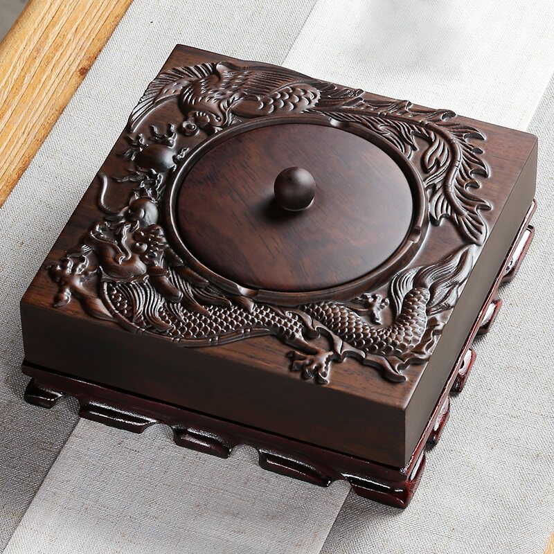 Ebony ashtray with lid home living room Chinese retro windproof anti-fly ash ashtray creative personality trend
