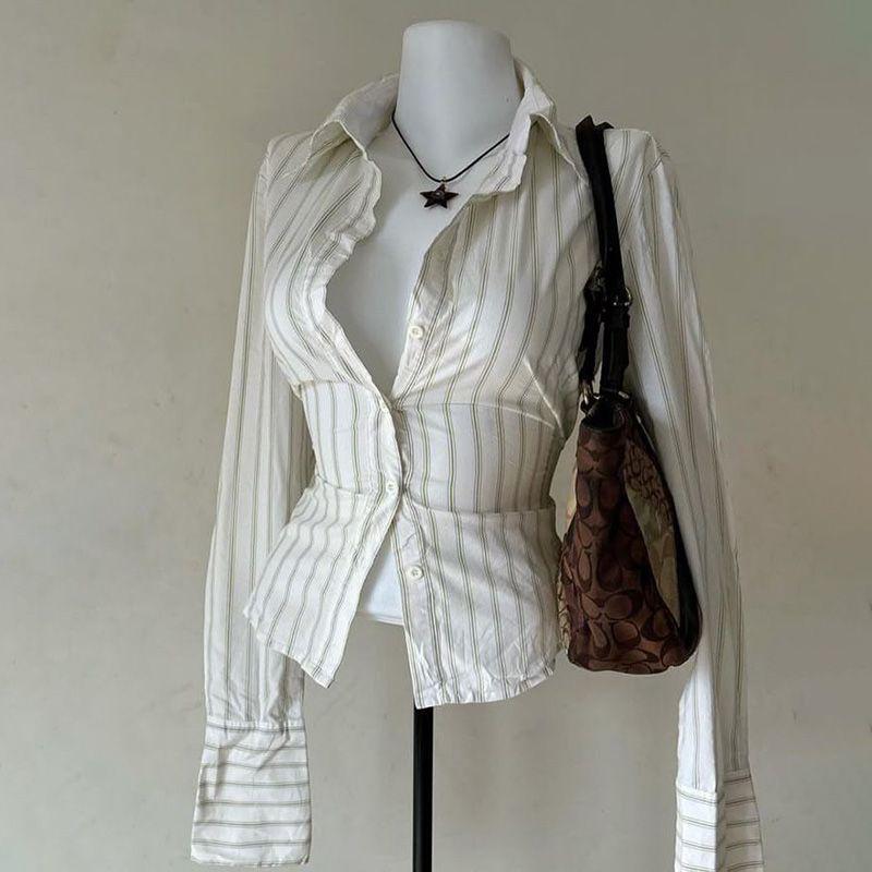 Striped Button Long Sleeved Shirt for Women