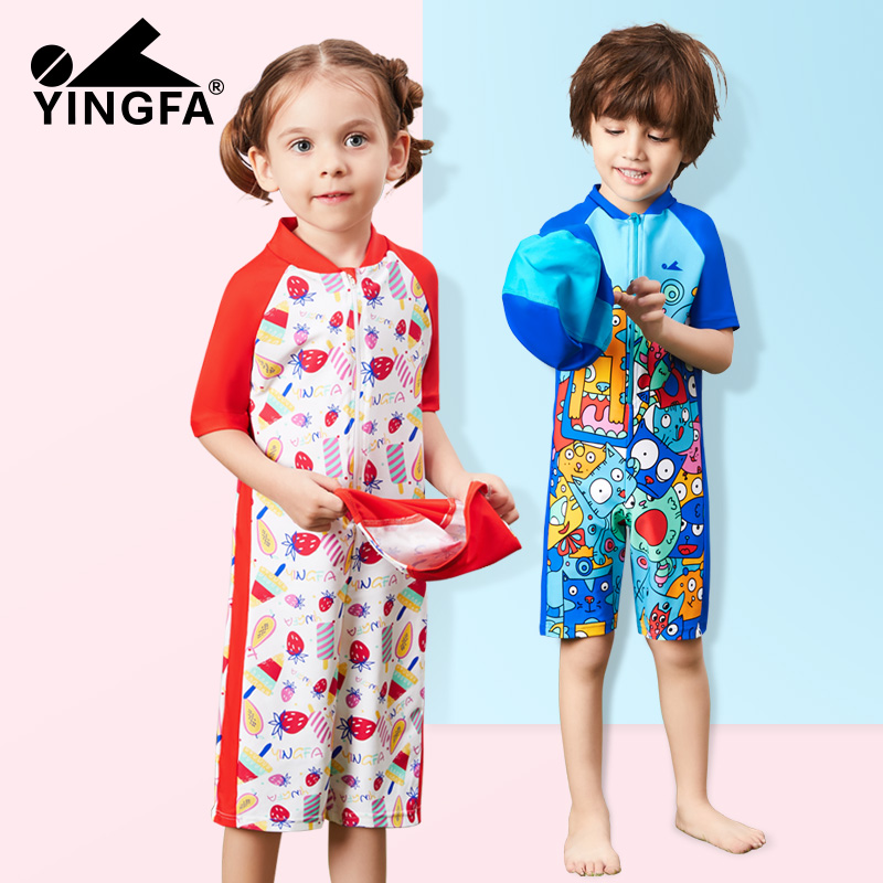 Yingfa Yingfa children's swimsuit short sleeves cute cartoon male and female baby baby quick drying one-piece swimming set