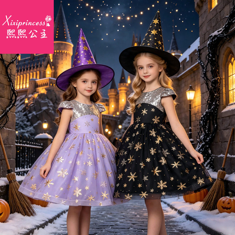 European and American Cross-Border Halloween Girls' Dress Cosplay Witch Star Dress with Hat Performance Costume Trendy
