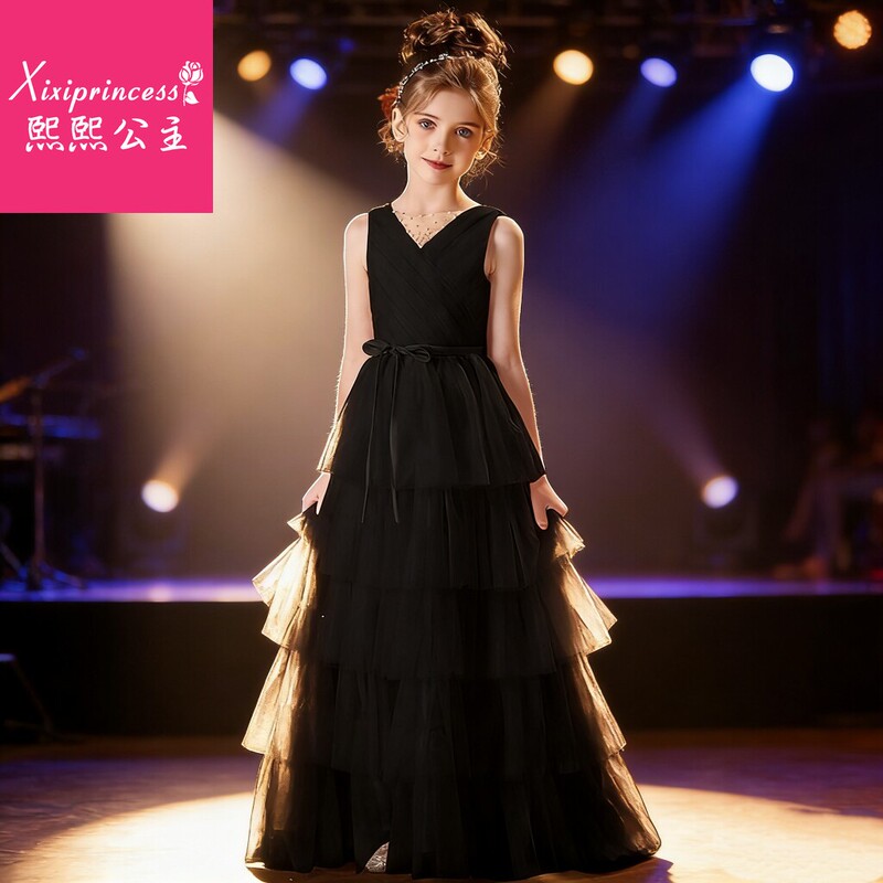 Cross-Border Foreign Trade Children's Host Dress, Piano Performance Girls' Dress, Black Princess Dress, High-End Light Luxury Fashion
