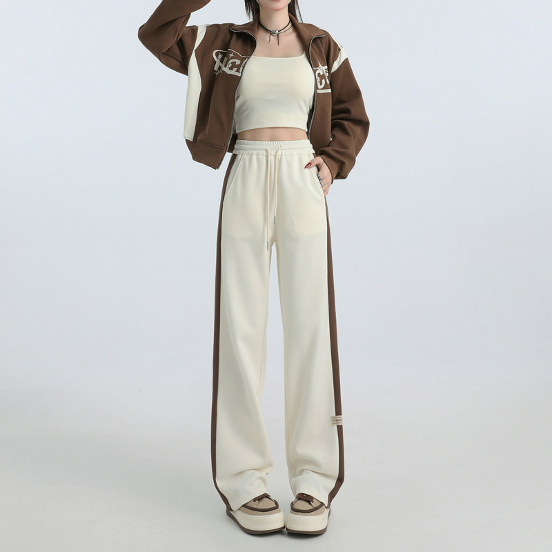 Narrow Straight-Leg Knit Sweatpants for Women, New Spring and Autumn Style, Elastic Waist, Off-White, Loose and Drapey, Sporty Casual Floor-Length Pants