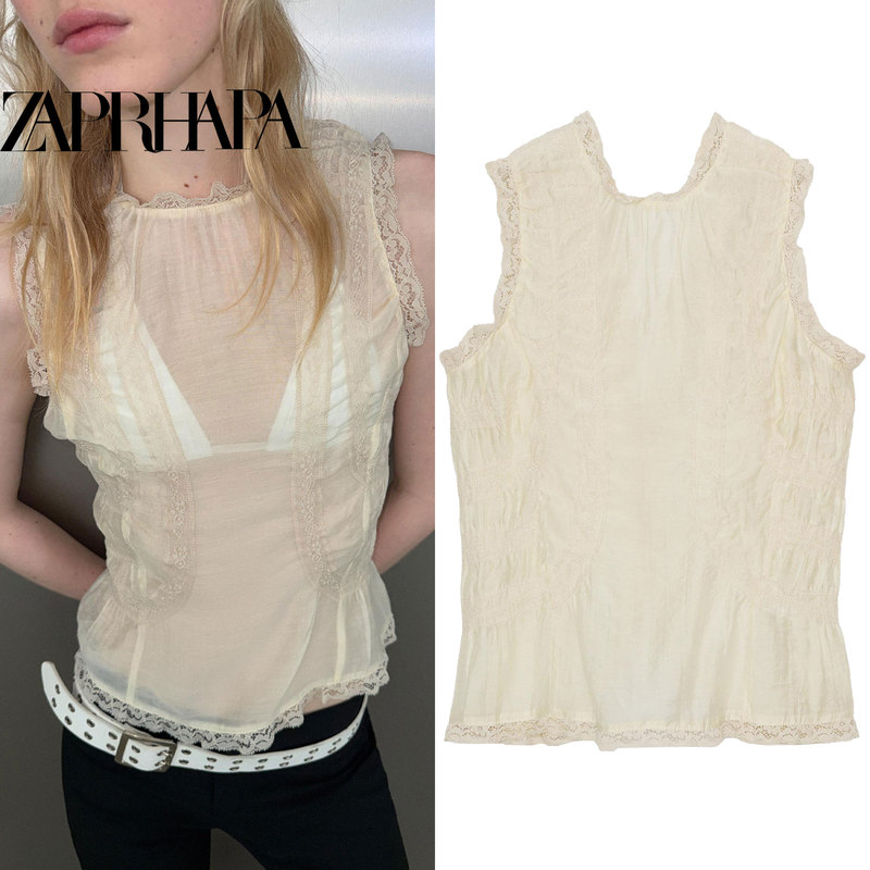 2026 Summer New French Style Gentle Sleeveless Lace Buttoned Draped Shirt with Unique Design 3067036