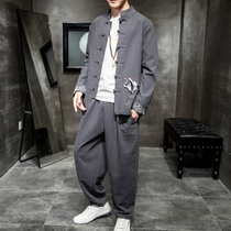 Chinese style linen suit spring Hanfu ancient style mens tunic youth Tang jacket mens coat embroidery