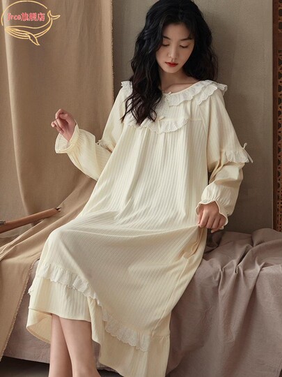 维多利亚睡裙秋季女款纯棉长袖家居服中长款荷叶边大码睡衣女秋冬