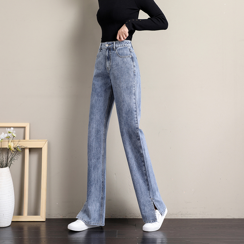 Split jeans women loose straight high waist slimming 2021 autumn new small autumn pants