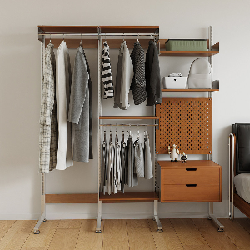 Japanese-Style Punch-Free Storage Coat Rack, Simple Combination Open Wardrobe for Bedroom, Aluminum Profile Floor-Standing Clothes Rack
