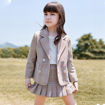 Girl Suits Suit Dress Polo Korean version Inlén Plaid Ocean Fashion Walk Show Children Two Sets Little West Suit Spring