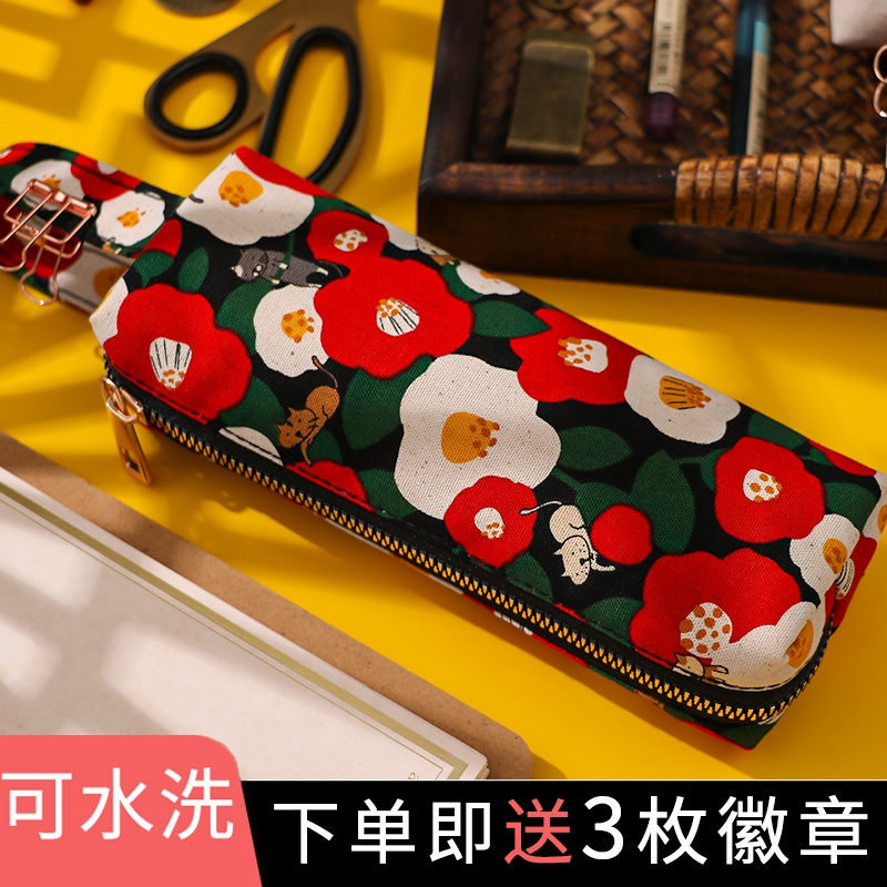 2021 new original stationery bag large capacity and wind popular net red canvas pen bag female minimalist Joins Wind date pen bag High primary and middle school students retro style girl girl's heart pencil case-Taoba