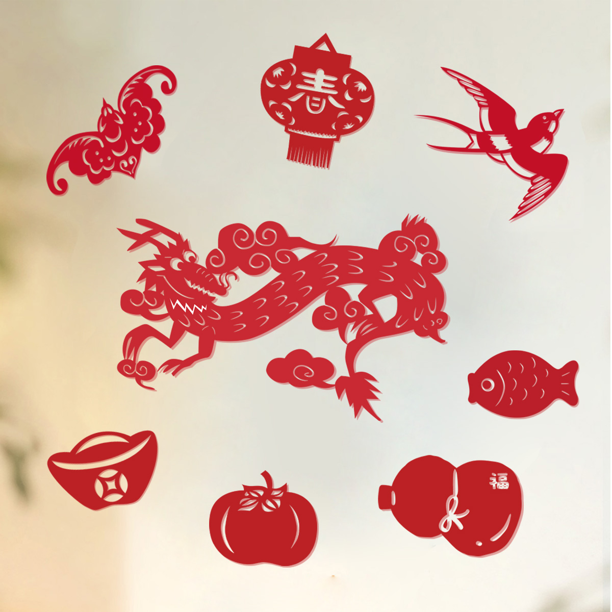 kemoko original design dragon year cut paper window flower traditional mascot glass electrostatic patch annual taste shop window decoration-Taobao