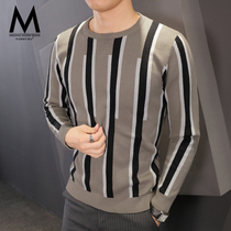  Autumn striped sweater mens Korean version of the trend long-sleeved round neck sweater young mens knitwear slim-fit bottoming sweater