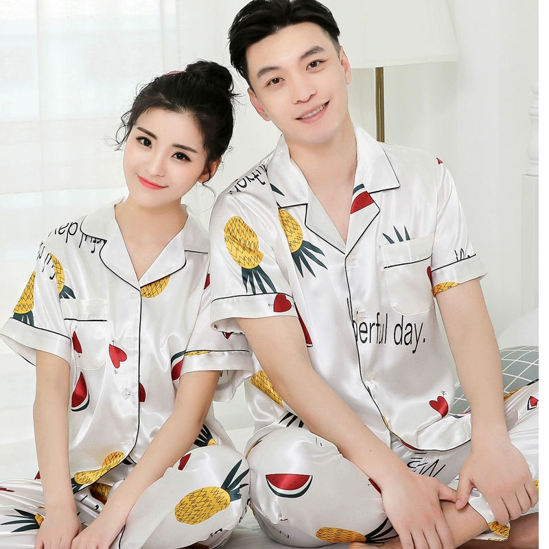 Cặp đôi đồ ngủ nữ Xia Bingsi mỏng gợi cảm mùa xuân và mùa thu ngắn tay dễ thương sinh viên lụa mùa hè dịch vụ tại nhà phù hợp với nam - Cặp đôi