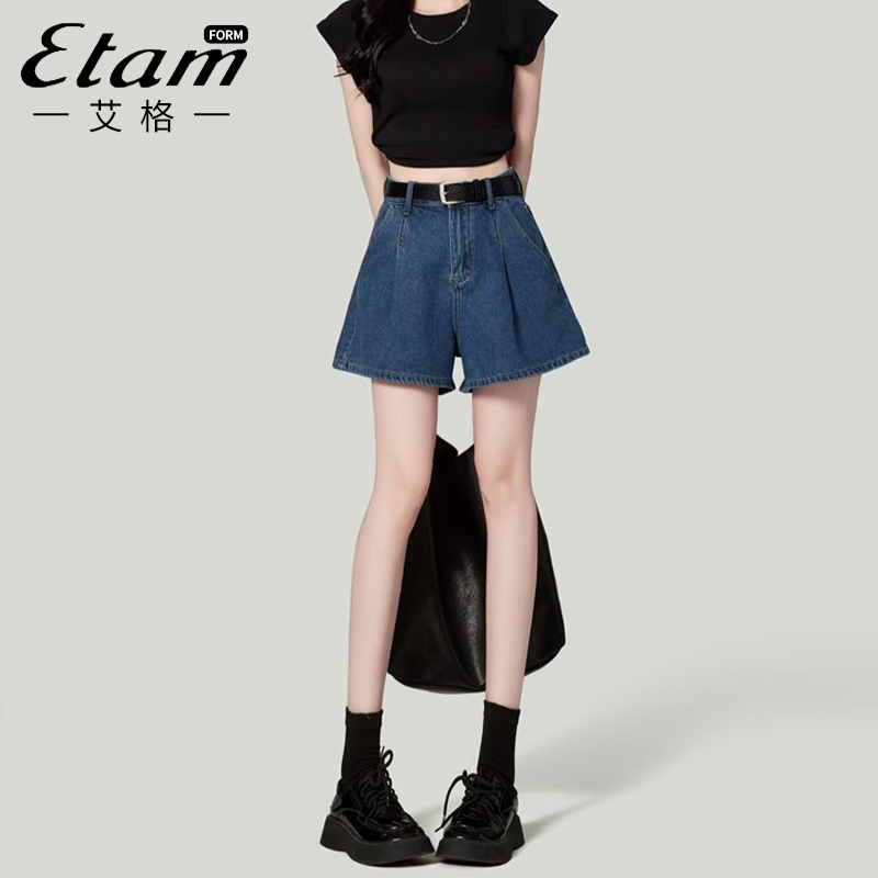 Etam Retro Blue Wide-Leg Denim Shorts for Women, Summer Pear-Shaped Loose High-Waisted A-Line Versatile Hip-Hugging Hot Pants