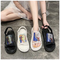  2021 European summer lace facebook pedal net red thick-soled sandals lazy low-heeled half slippers womens fashion trend