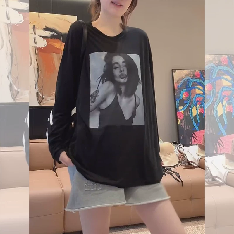 Ретро осень базовый лонгслив для отдыха, oversize