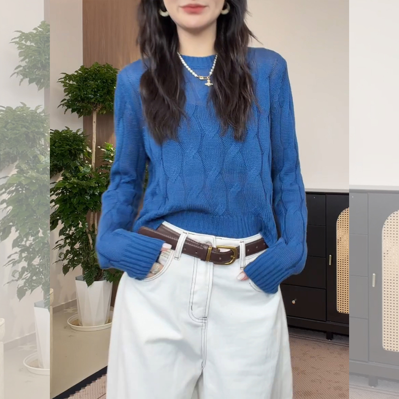 Blue Cable-Knit Long-Sleeve Sweater for Women, Autumn Lazy Style, 2026 New Model, Age-Reducing, Loose Fit, Slimming Top Blue Cable-Knit Long-Sleeve Sweater for Women, Autumn Lazy Style, 2026 New Model, Age-Reducing, Loose Fit, Slimming Top