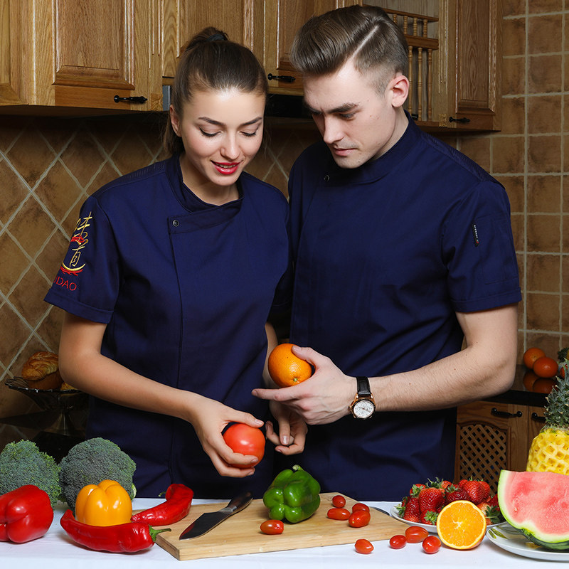 Chef costume men short sleeves summer breathable Chinoiserie hotel dining room kitchen slanted collar large size top custom women