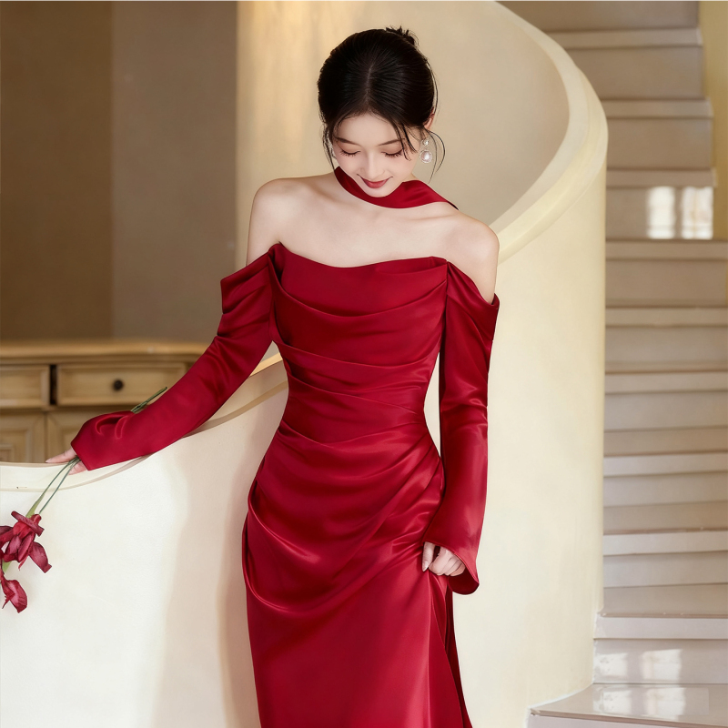 Bridal Toast Dress 2026 New Style Off-Shoulder Engagement Dress Skirt Feminine Niche Host Banquet Evening Dress