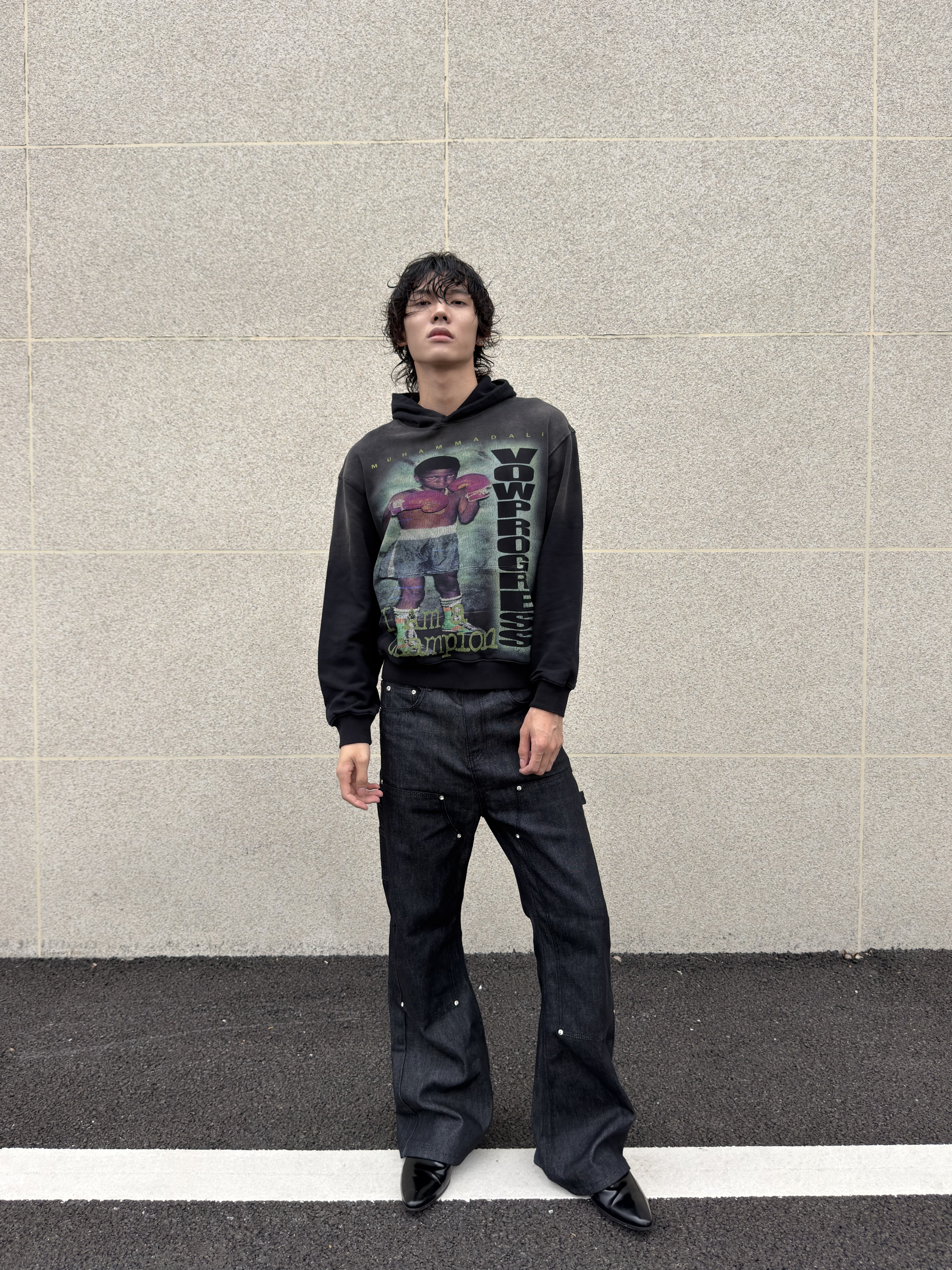 VOWPROGRESS Sun-Faded Black 400g Slim-Fit Hoodie