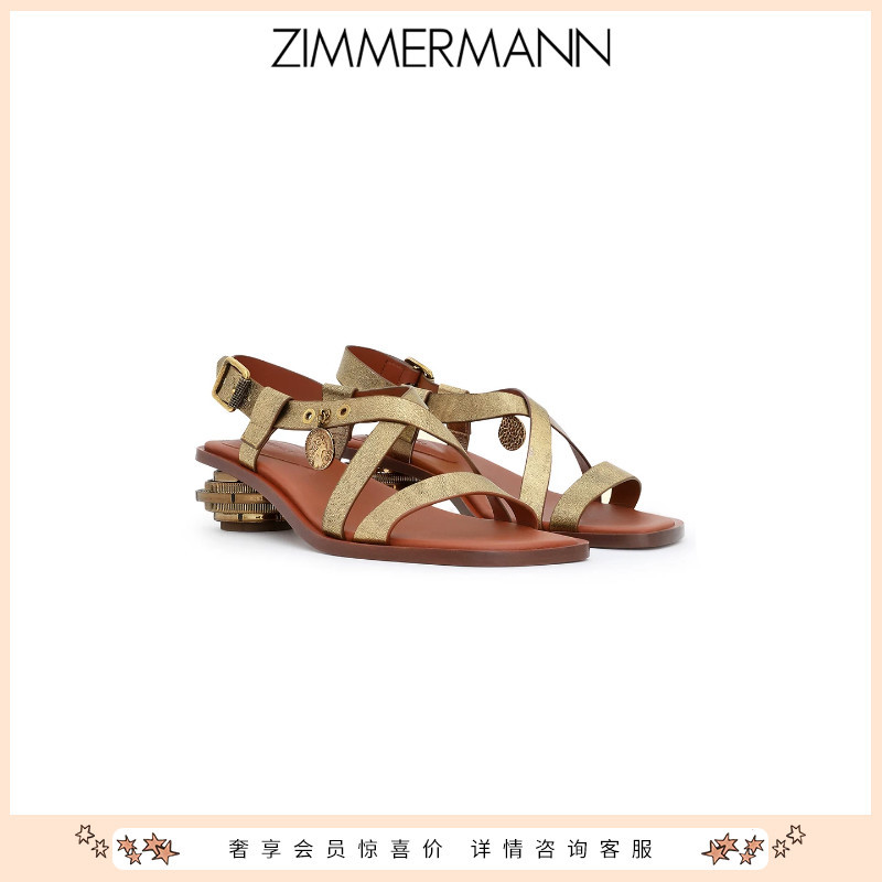 Zimmermann 2026 Resort Wear New Style Trove Retro Gold Sheep Leather 4cm High-Heeled Sandals
