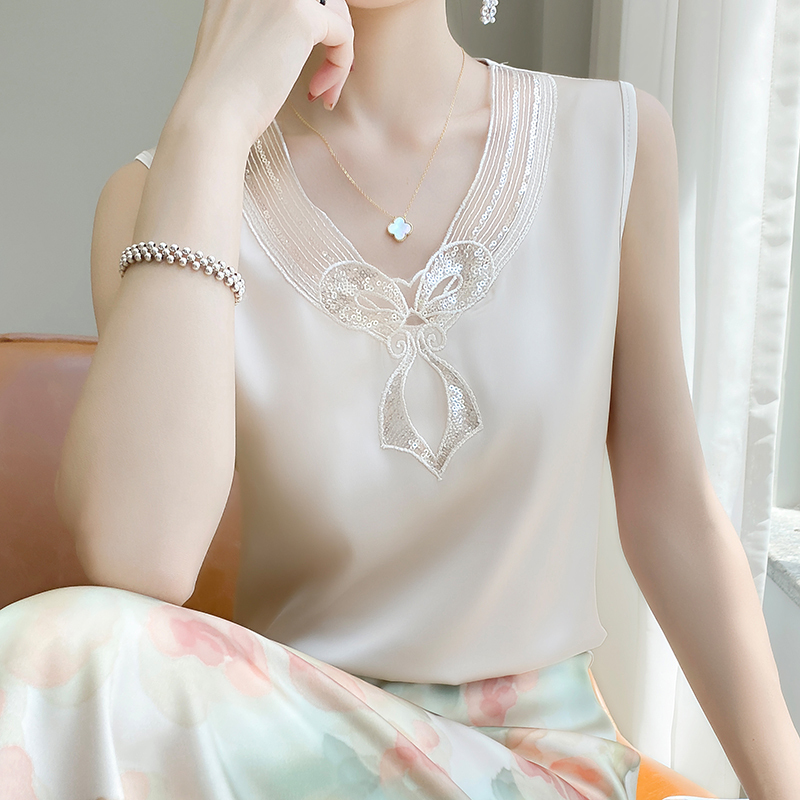 Summer Outer Wear Lace Camisole Women's Large Size Sleeveless Satin Bottoming Shirt Suit with Acetate Silk Top