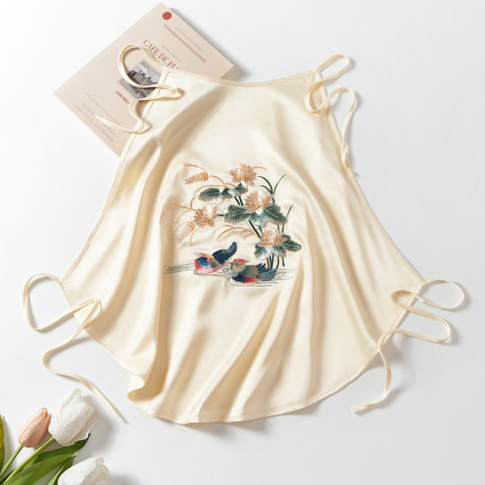 Suzhou Embroidery Sexy Bellyband Women's Embroidered Camisole Sleepwear Loungewear Handmade Double-Layer Imitation Silk Lingerie Women's Set