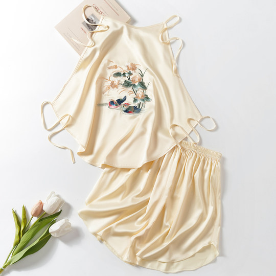 Suzhou Embroidery Sexy Bellyband Women's Embroidered Camisole Sleepwear Loungewear Handmade Double-Layer Imitation Silk Lingerie Women's Set