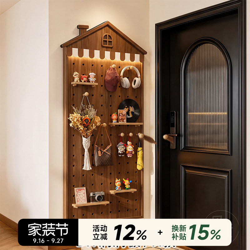 Medieval-Style Perforated Board Decorative Wall Entranceway Hanging Painting 2026 New Model Light Luxury High-End Feel with Light-Emitting Storage Shelf