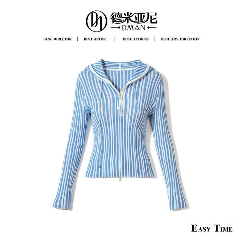 【Mi Gongzi】Blue and White Vertical Striped Hoodie Cxj0726 【Mi Gongzi】Blue and White Vertical Striped Hoodie Cxj0726