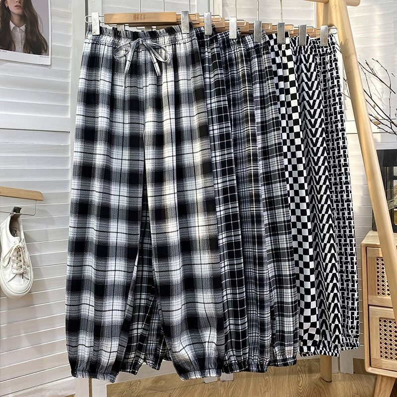 Black and white plaid printed beamline Ice Silk Snowspinning Light Cage Pants Women Summer Loose Casual Broadlegged Sunscreen Kharen Pants