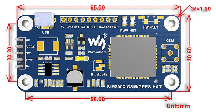 SIM800C-GSM-GPRS-HAT Диаграмма размера