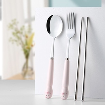 Net Red Spoon Stainless Steel Ceramic Cartoon Animal Portable Chopstick Spoon Fork Suit Three Sets Containing Box Working Cutlery