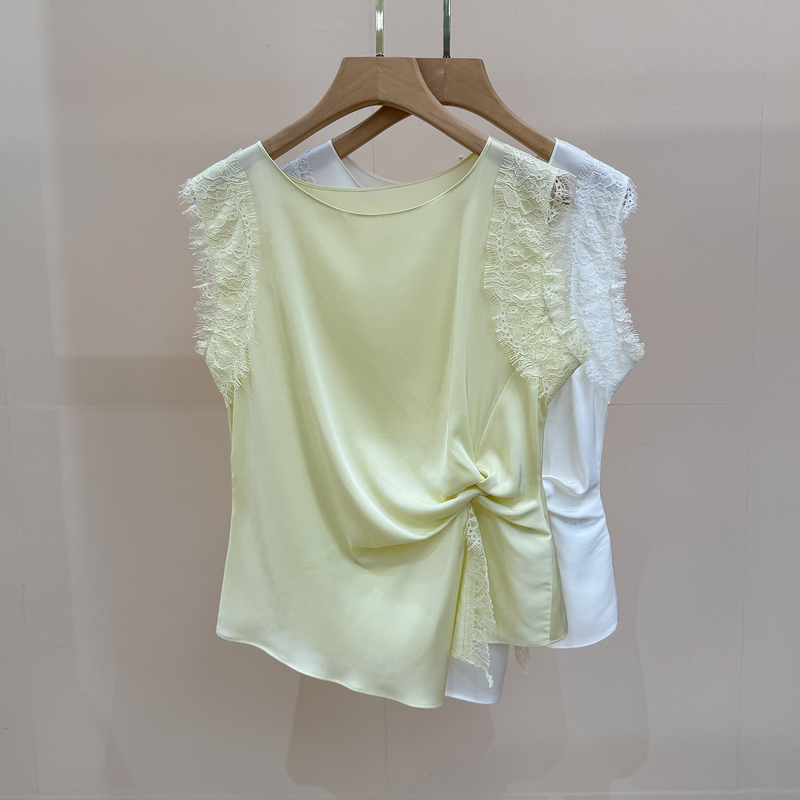Shenzhen Nanyou Lace Patchwork Asymmetrical Silk Shirt for Women, Designer Blouse, Youthful Style Mulberry Silk Top
